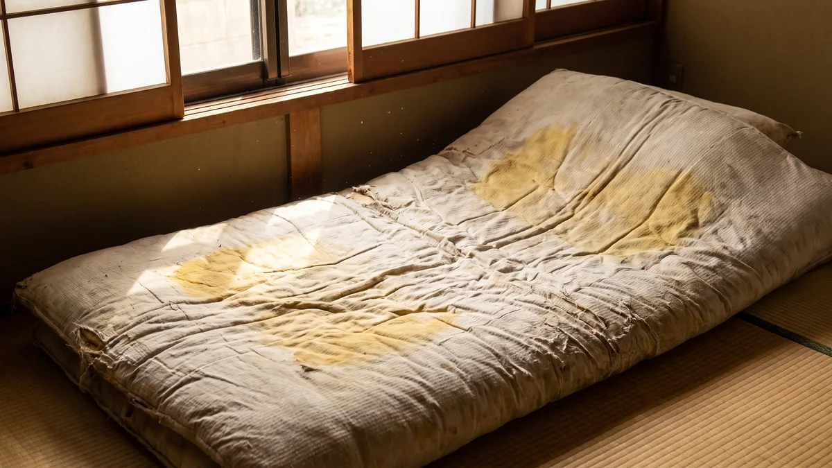 黄ばみやしわが目立つ使い込んだ敷布団。へたりや汚れが出た布団のイメージ