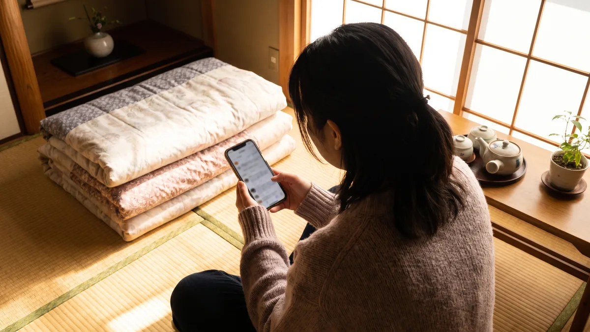 たたんだ布団のそばでスマートフォンの口コミを読む人の後ろ姿（イメージ）
