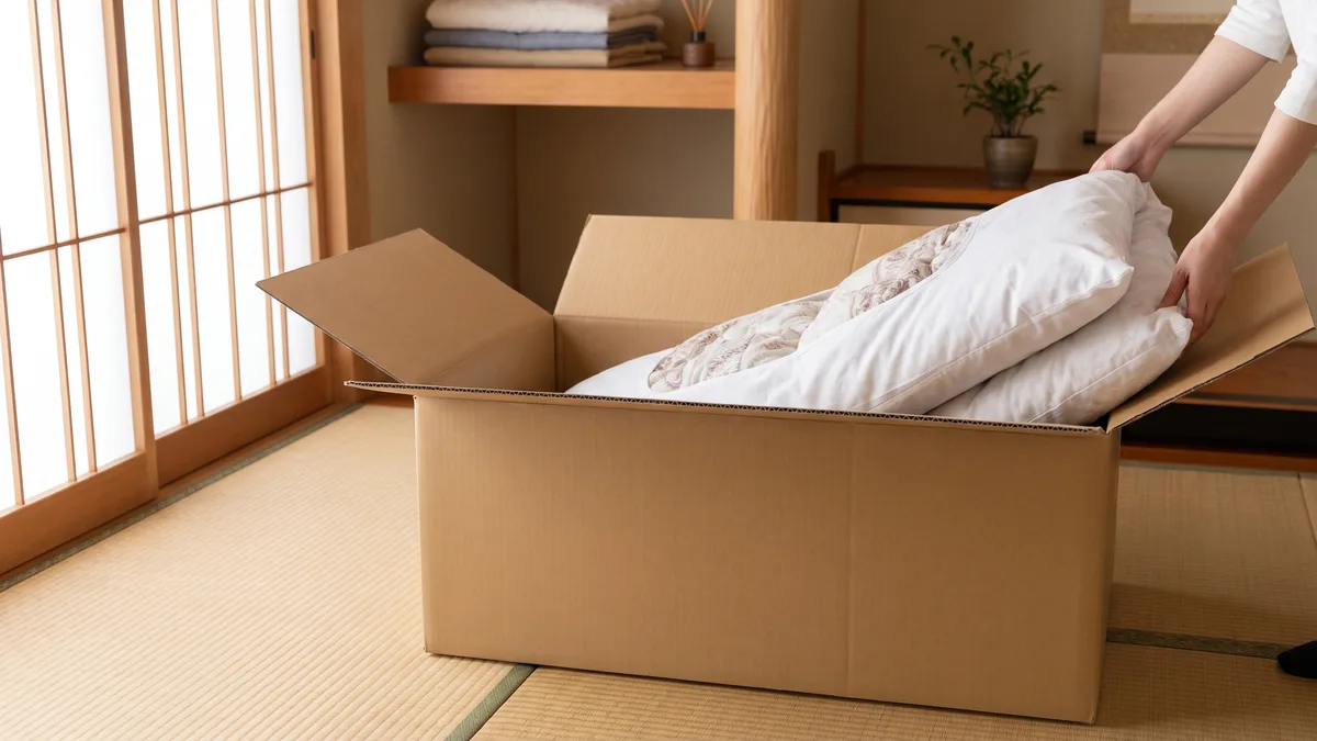 畳の部屋で、たたんだ布団を宅配クリーニング用の段ボール箱に詰める手元（イメージ）