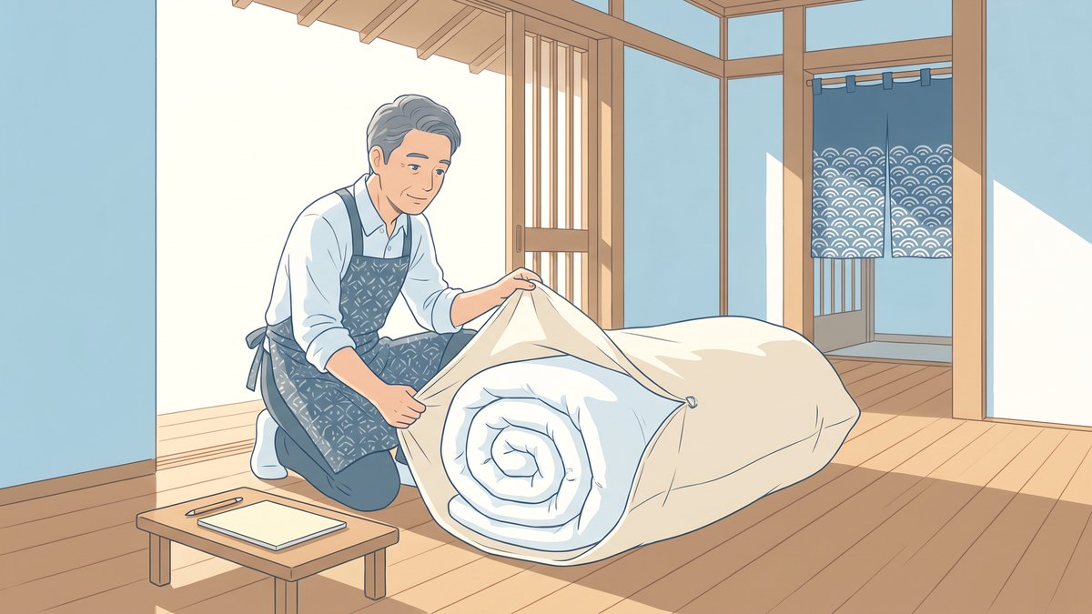 届いた圧縮袋入りの布団を開けて、状態を確かめる男性のイラスト