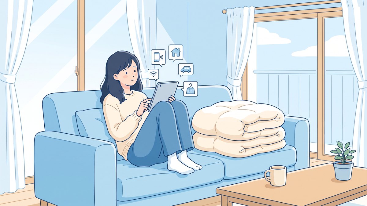 ソファでタブレットを見ながら、どの宅配クリーニングに布団を出すか考える女性のイラスト