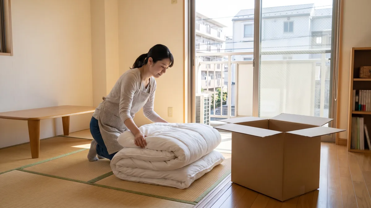 掛け布団をたたんで、集荷用の段ボール箱に入れる準備をする女性（イメージ）