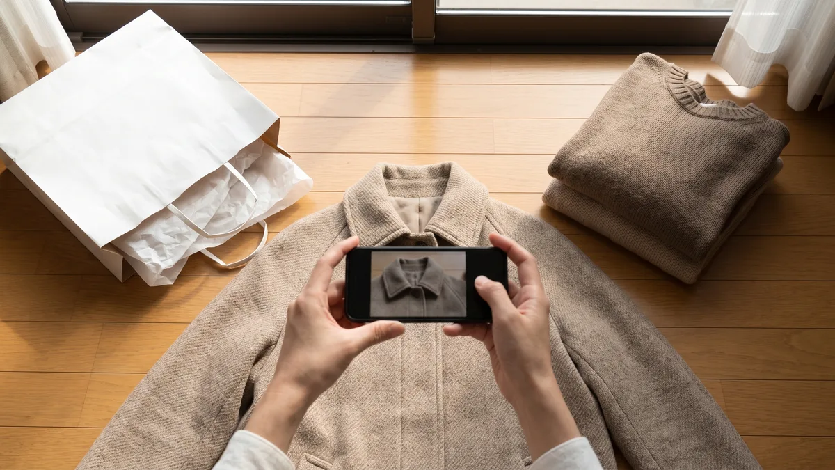 ベージュのコートの襟元をスマートフォンで撮影している手元の写真（出す前に服の状態を残す）