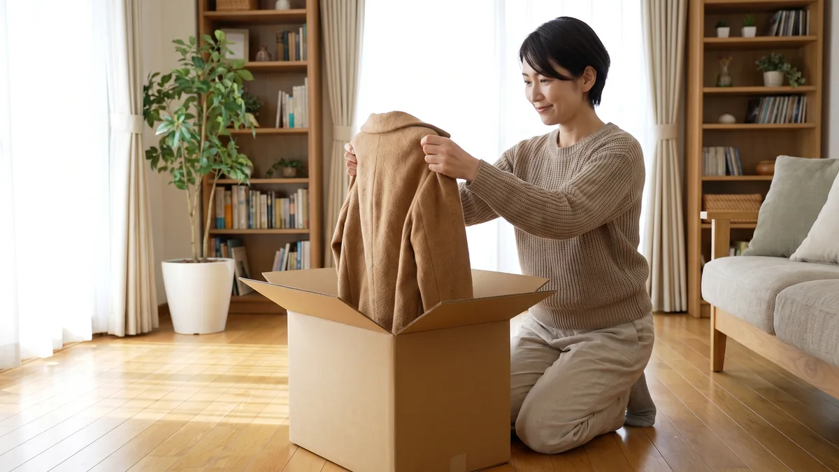 届いた段ボール箱からキャメルのコートを取り出して確かめる女性のイメージ写真