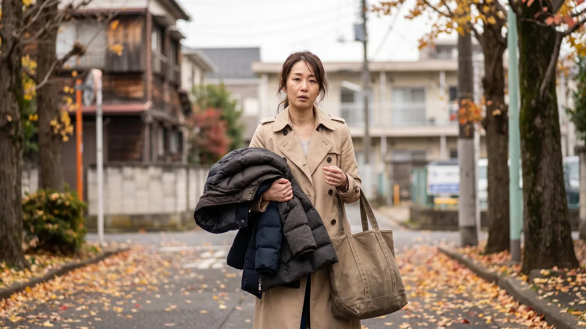 コートを腕にかけ大きなバッグを持って、秋の住宅街を歩いて店へ向かう女性のイメージ写真