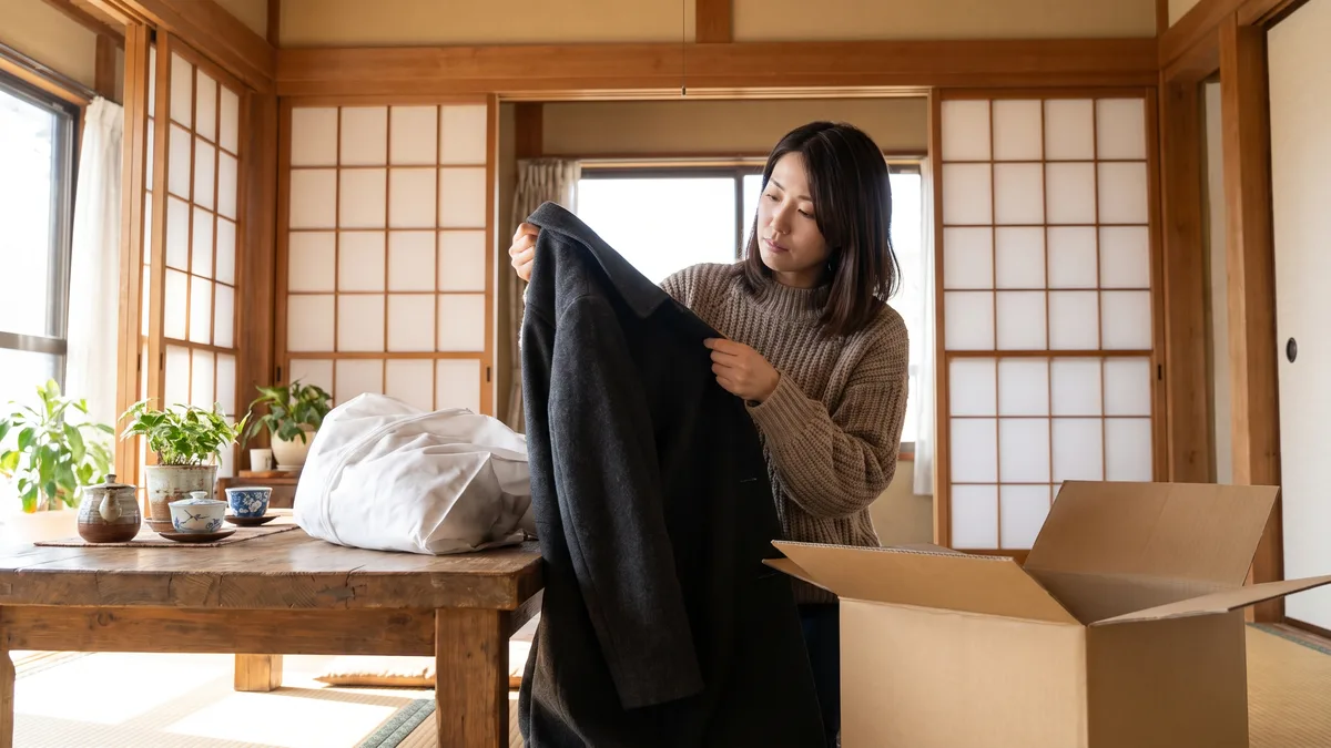 和室のテーブルで、届いた白い保管袋から取り出したウールコートを広げて状態を確かめている女性の写真