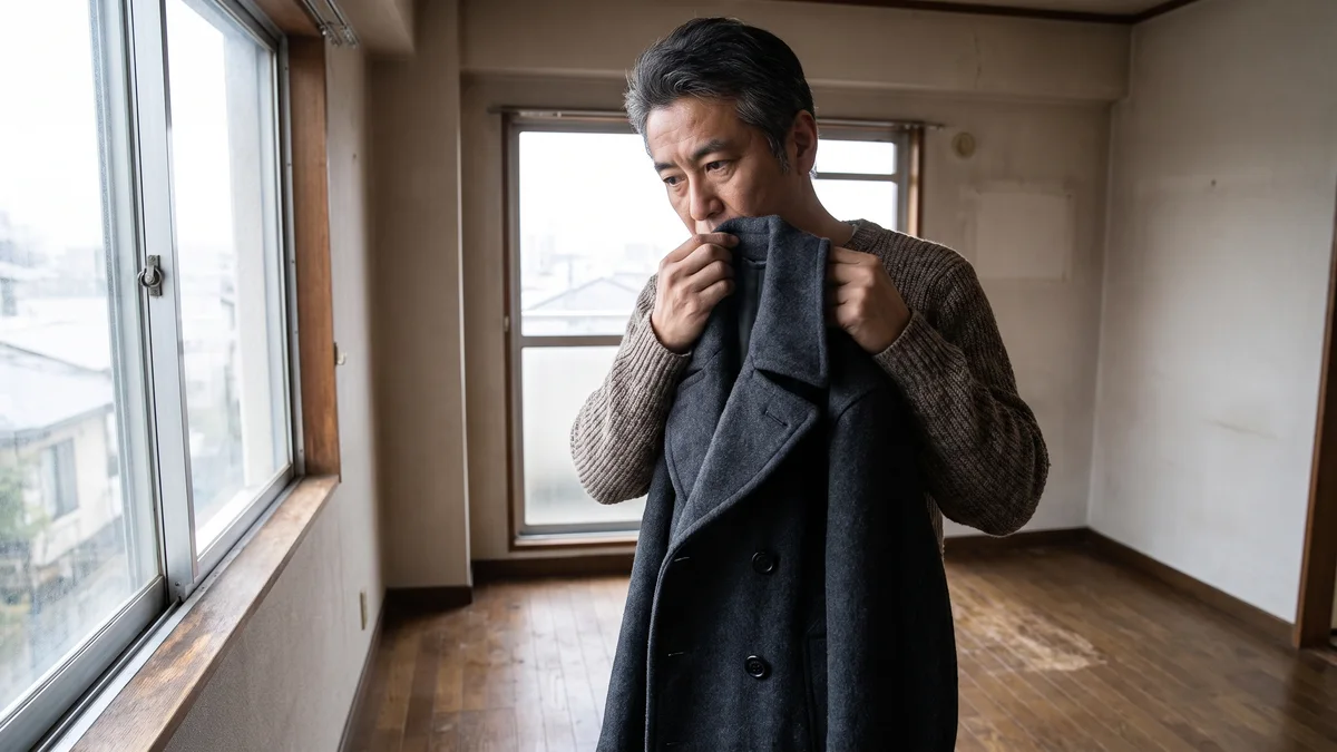 窓の近くでコートの襟まわりを手に取って状態を確かめる男性（イメージ）
