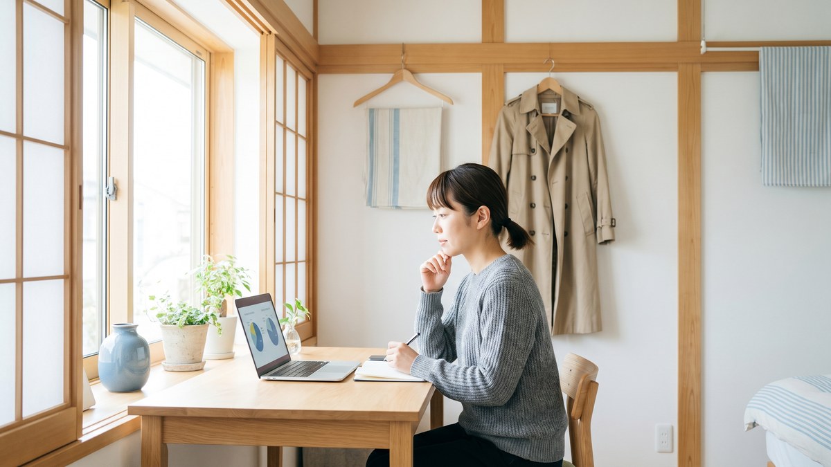 机でノートパソコンを見ながら宅配クリーニングの条件をノートに書いて比べている日本人女性
