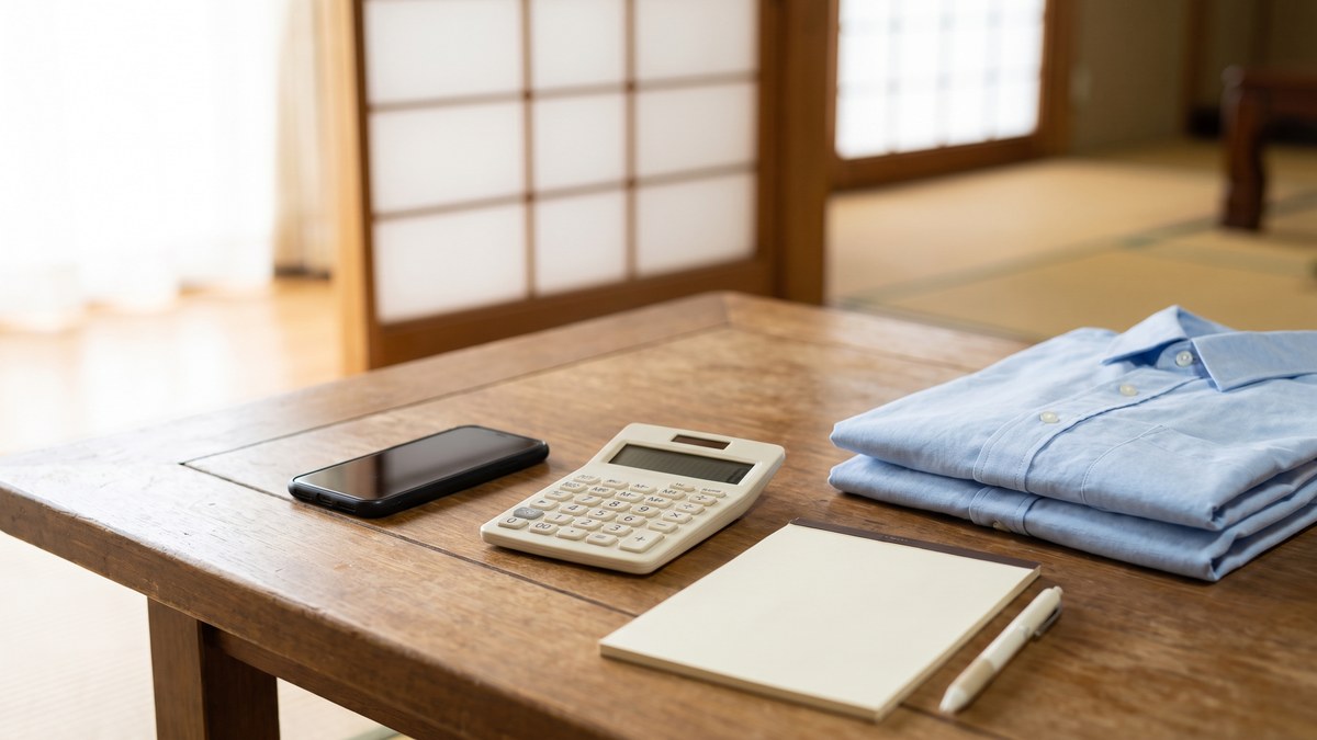 スマートフォンと電卓とメモ帳、たたんだシャツが置かれたテーブル。料金を1点あたりに計算して比べるイメージ