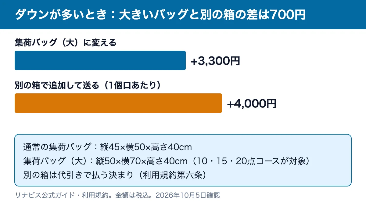 集荷バッグ（大）への変更は3,300円、別の箱で追加して送ると1個口4,000円で、差は700円