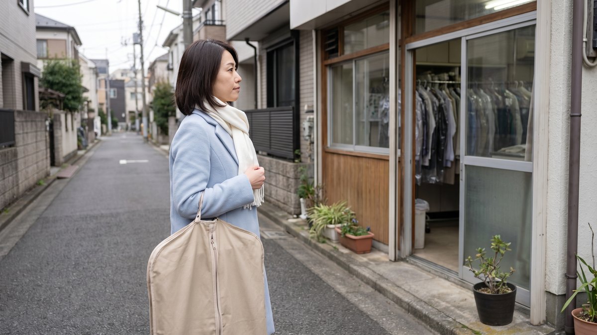 住宅街のクリーニング店へ衣類カバーを持って向かう女性（店舗に持ち込むイメージ）
