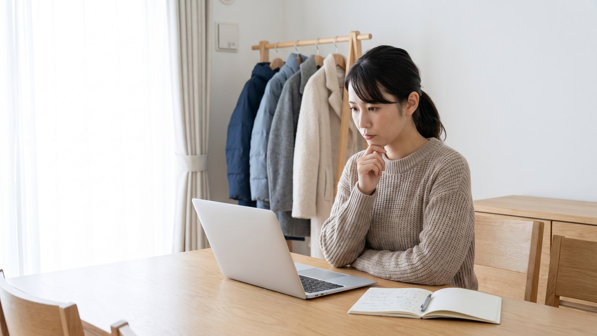 ノートパソコンとノートを前に、出し方を考える女性（店舗と宅配のどちらが向くかを考えるイメージ）