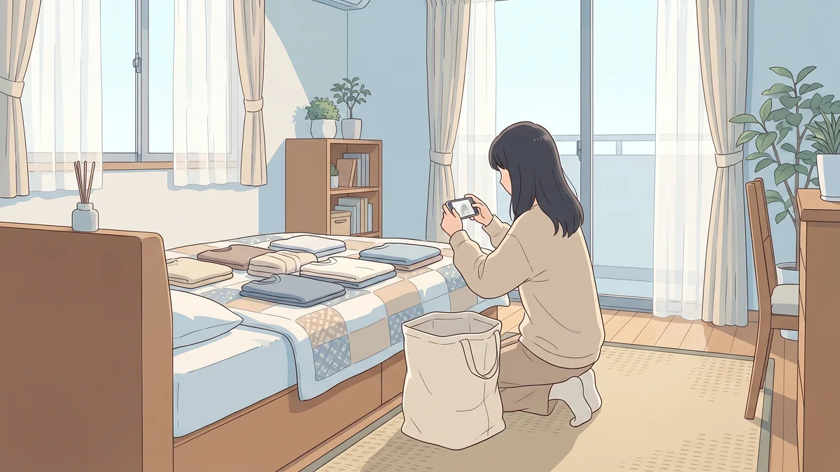 ベッドに並べた服を、女性がスマートフォンで撮影して記録しているイラスト