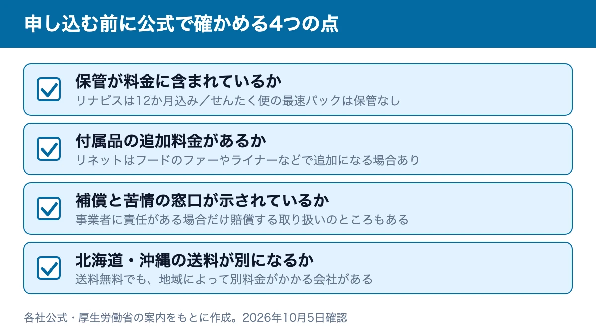 宅配クリーニングを申し込む前に公式で確かめる4点：保管が含まれるか、付属品の追加料金、補償と苦情の窓口、北海道・沖縄の送料